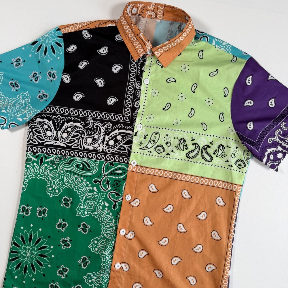 Paisley Patchwork Bandana Button Down Shirt Med Short Slv Poly Cotton Colorblock